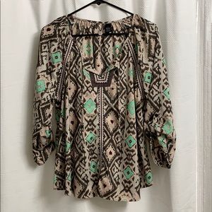 BKE Boutique Cream and Turquoise Blouse